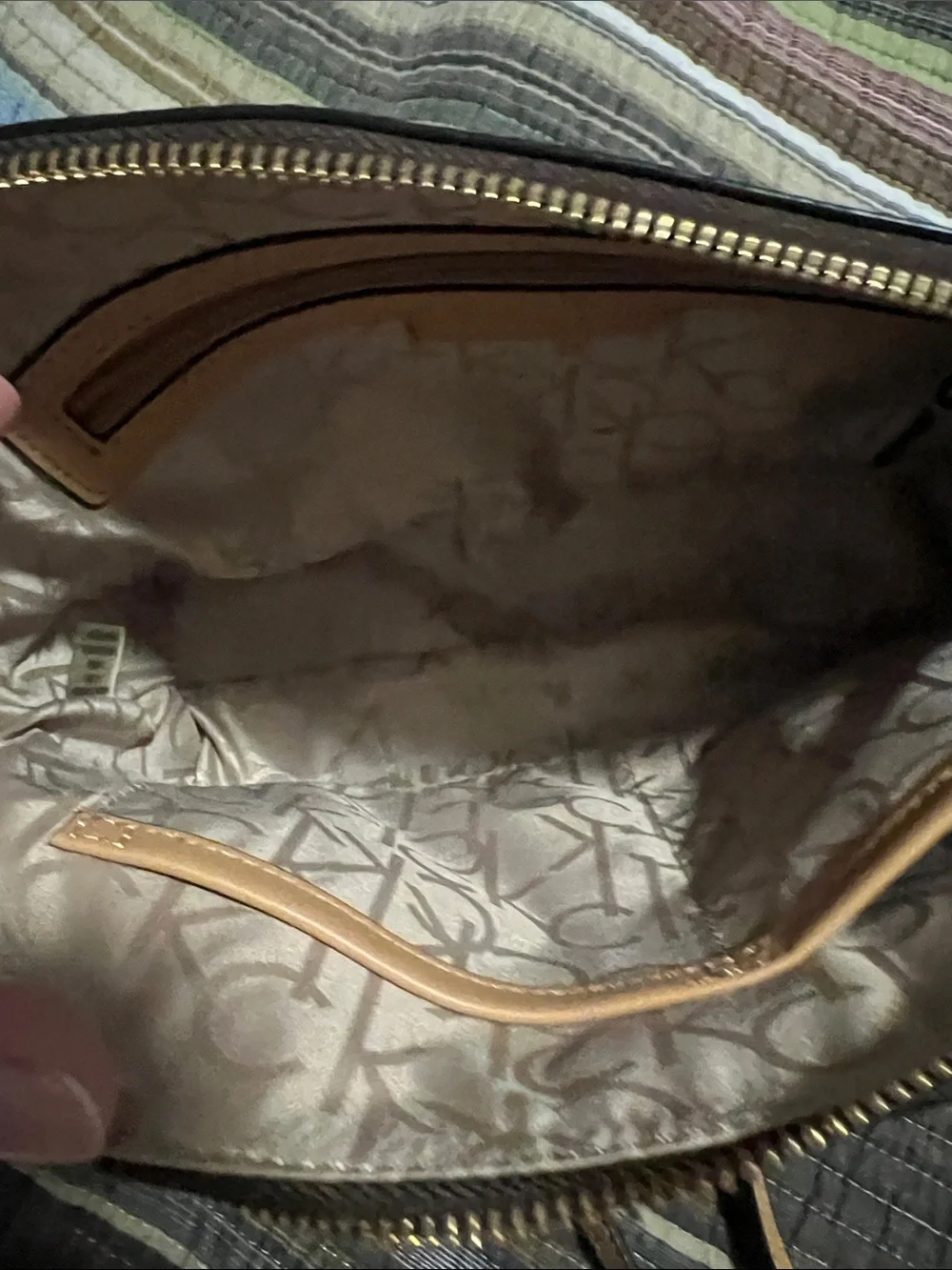 Calvin Klein Dark Brown Monogram Crossbody with Tan Strap